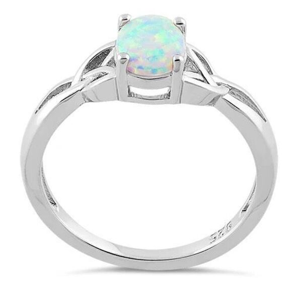 Sterling Silver Oval Celtic White Lab Opal Ring - Picture 3 of 4